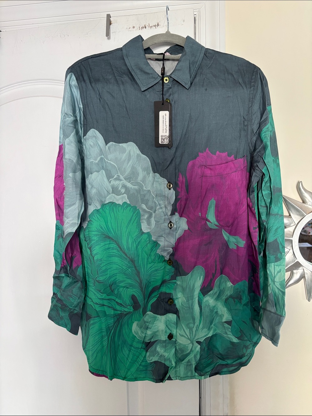 THE KIT LADIES Floral in Teal Magenta Light Gray ZOE Blouse-M-NWT